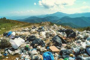 Environmental problem plastic garbage or trash in the mountain from global warming. Pollution concept by AI Generated photo