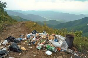 Environmental problem plastic garbage or trash in the mountain from global warming. Pollution concept by AI Generated photo