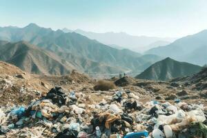 Environmental problem plastic garbage or trash in the mountain from global warming. Pollution concept by AI Generated photo