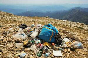 Environmental problem plastic garbage or trash in the mountain from global warming. Pollution concept by AI Generated photo