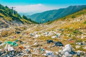 Environmental problem plastic garbage or trash in the mountain from global warming. Pollution concept by AI Generated photo