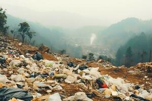 Environmental problem plastic garbage or trash in the mountain from global warming. Pollution concept by AI Generated photo