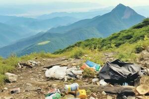 ambiental problema el plastico basura o basura en el montaña desde global calentamiento contaminación concepto por ai generado foto