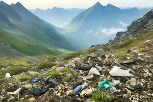 Environmental problem plastic garbage or trash in the mountain from global warming. Pollution concept by AI Generated photo