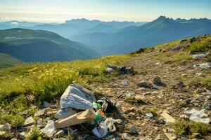 Environmental problem plastic garbage or trash in the mountain from global warming. Pollution concept by AI Generated photo