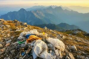 Environmental problem plastic garbage or trash in the mountain from global warming. Pollution concept by AI Generated photo