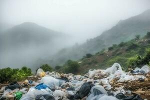 Environmental problem plastic garbage or trash in the mountain from global warming. Pollution concept by AI Generated photo