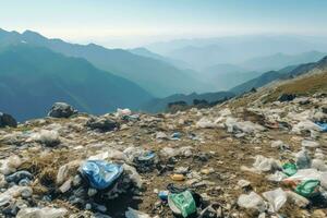 Environmental problem plastic garbage or trash in the mountain from global warming. Pollution concept by AI Generated photo