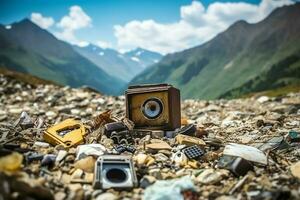 ambiental problema el plastico basura o basura en el montaña desde global calentamiento contaminación concepto por ai generado foto