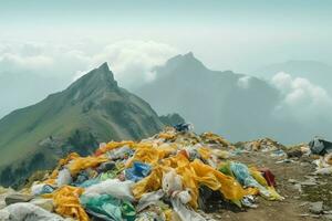 Environmental problem plastic garbage or trash in the mountain from global warming. Pollution concept by AI Generated photo