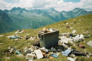 ambiental problema el plastico basura o basura en el montaña desde global calentamiento contaminación concepto por ai generado foto