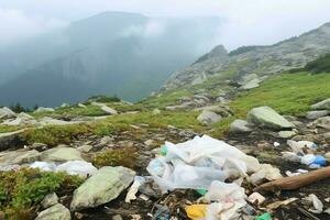 Environmental problem plastic garbage or trash in the mountain from global warming. Pollution concept by AI Generated photo