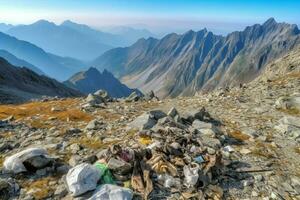 Environmental problem plastic garbage or trash in the mountain from global warming. Pollution concept by AI Generated photo