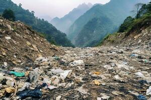 ambiental problema el plastico basura o basura en el montaña desde global calentamiento contaminación concepto por ai generado foto