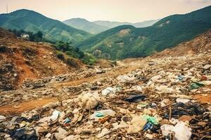 Environmental problem plastic garbage or trash in the mountain from global warming. Pollution concept by AI Generated photo