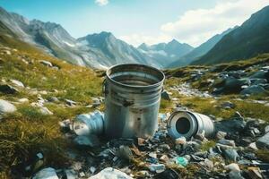 ambiental problema el plastico basura o basura en el montaña desde global calentamiento contaminación concepto por ai generado foto