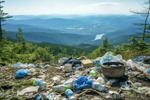 Environmental problem plastic garbage or trash in the mountain from global warming. Pollution concept by AI Generated photo