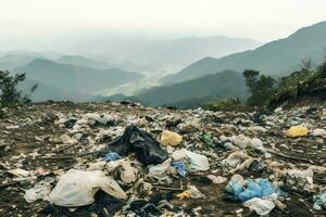 Environmental problem plastic garbage or trash in the mountain from global warming. Pollution concept by AI Generated photo