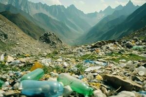 ambiental problema el plastico basura o basura en el montaña desde global calentamiento contaminación concepto por ai generado foto