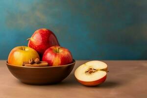 tradicional comida de judío nuevo año fiesta de tradicion o religión. rosh hashaná con Copiar espacio concepto por ai generado foto