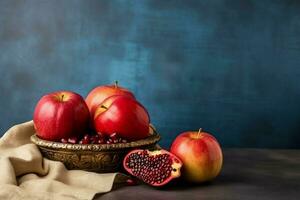 Traditional food of jewish new year holiday of tradition or religion. Rosh hashanah with copy space concept by AI Generated photo