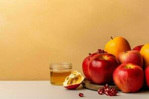 Traditional food of jewish new year holiday of tradition or religion. Rosh hashanah with copy space concept by AI Generated photo