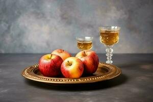 Traditional food of jewish new year holiday of tradition or religion. Rosh hashanah with copy space concept by AI Generated photo