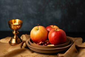 tradicional comida de judío nuevo año fiesta de tradicion o religión. rosh hashaná con Copiar espacio concepto por ai generado foto