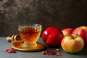 Traditional food of jewish new year holiday of tradition or religion. Rosh hashanah with copy space concept by AI Generated photo