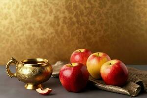 tradicional comida de judío nuevo año fiesta de tradicion o religión. rosh hashaná con Copiar espacio concepto por ai generado foto