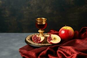 Traditional food of jewish new year holiday of tradition or religion. Rosh hashanah with copy space concept by AI Generated photo