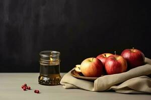 Traditional food of jewish new year holiday of tradition or religion. Rosh hashanah with copy space concept by AI Generated photo