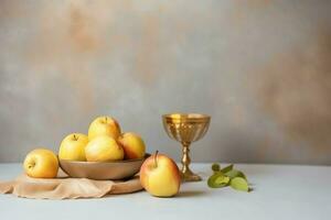 Traditional food of jewish new year holiday of tradition or religion. Rosh hashanah with copy space concept by AI Generated photo