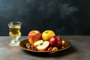 Traditional food of jewish new year holiday of tradition or religion. Rosh hashanah with copy space concept by AI Generated photo