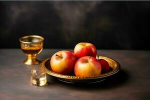 tradicional comida de judío nuevo año fiesta de tradicion o religión. rosh hashaná con Copiar espacio concepto por ai generado foto