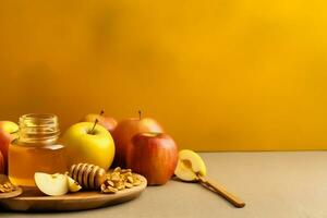 Traditional food of jewish new year holiday of tradition or religion. Rosh hashanah with copy space concept by AI Generated photo