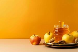 Traditional food of jewish new year holiday of tradition or religion. Rosh hashanah with copy space concept by AI Generated photo