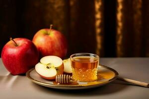 Traditional food of jewish new year holiday of tradition or religion. Rosh hashanah with copy space concept by AI Generated photo