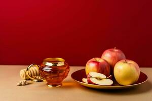 tradicional comida de judío nuevo año fiesta de tradicion o religión. rosh hashaná con Copiar espacio concepto por ai generado foto