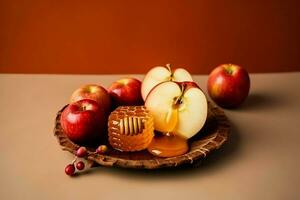 Traditional food of jewish new year holiday of tradition or religion. Rosh hashanah with copy space concept by AI Generated photo