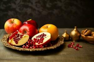 Traditional food of jewish new year holiday of tradition or religion. Rosh hashanah with copy space concept by AI Generated photo