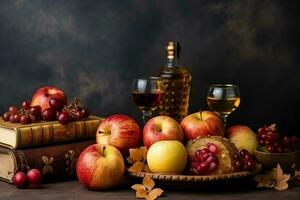 Traditional food of jewish new year holiday of tradition or religion. Rosh hashanah with copy space concept by AI Generated photo