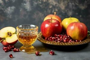 Traditional food of jewish new year holiday of tradition or religion. Rosh hashanah with copy space concept by AI Generated photo