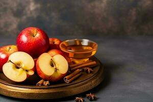 Traditional food of jewish new year holiday of tradition or religion. Rosh hashanah with copy space concept by AI Generated photo