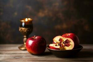 Traditional food of jewish new year holiday of tradition or religion. Rosh hashanah with copy space concept by AI Generated photo