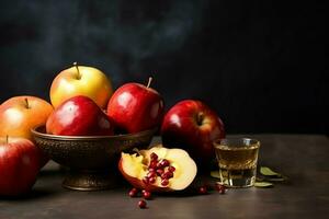 Traditional food of jewish new year holiday of tradition or religion. Rosh hashanah with copy space concept by AI Generated photo