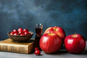 tradicional comida de judío nuevo año fiesta de tradicion o religión. rosh hashaná con Copiar espacio concepto por ai generado foto