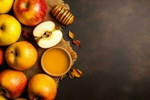 tradicional comida de judío nuevo año fiesta de tradicion o religión. rosh hashaná con Copiar espacio concepto por ai generado foto