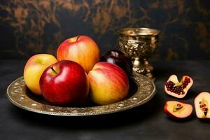 Traditional food of jewish new year holiday of tradition or religion. Rosh hashanah with copy space concept by AI Generated photo