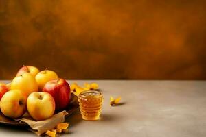 Traditional food of jewish new year holiday of tradition or religion. Rosh hashanah with copy space concept by AI Generated photo